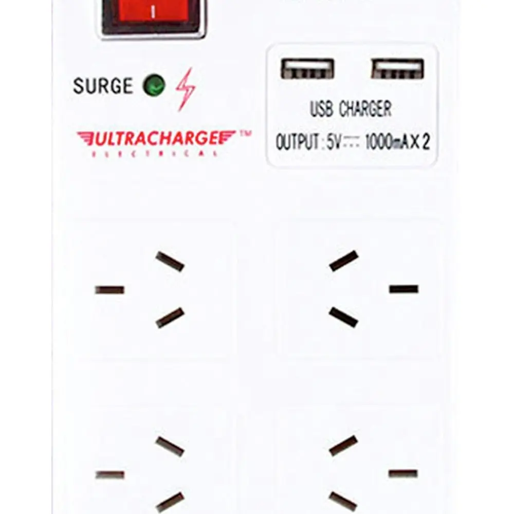 UltraCharge 6-Socket Surge Power Strip Board 1m Cord Outlets w/ 2x USB Ports WHT