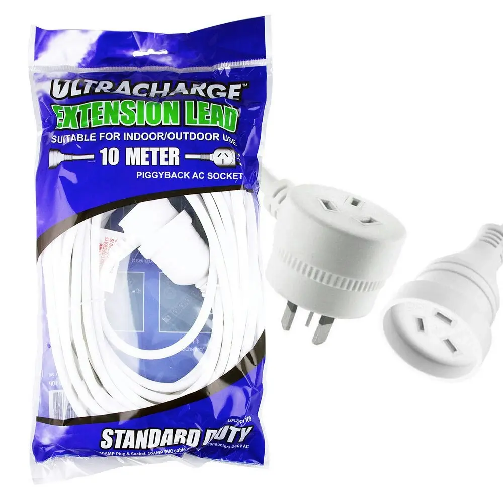 UltraCharge 10m Cord Extension Power 10A Lead AU/NZ Cable w/ Piggy Back Plug WHT