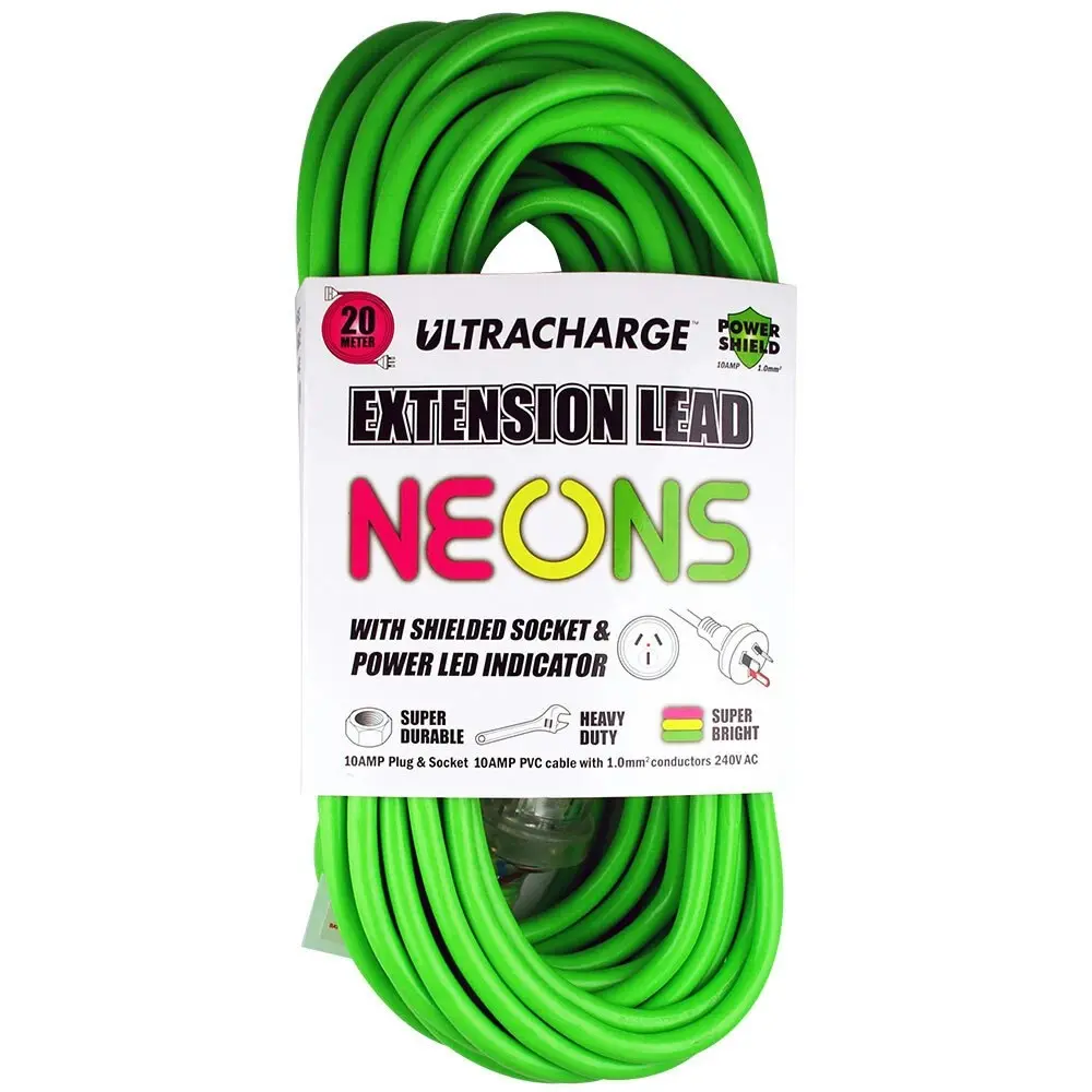 UltraCharge Neons 20m Extension Lead Cable 10A Heavy Duty Cord Plug/Socket Asst.