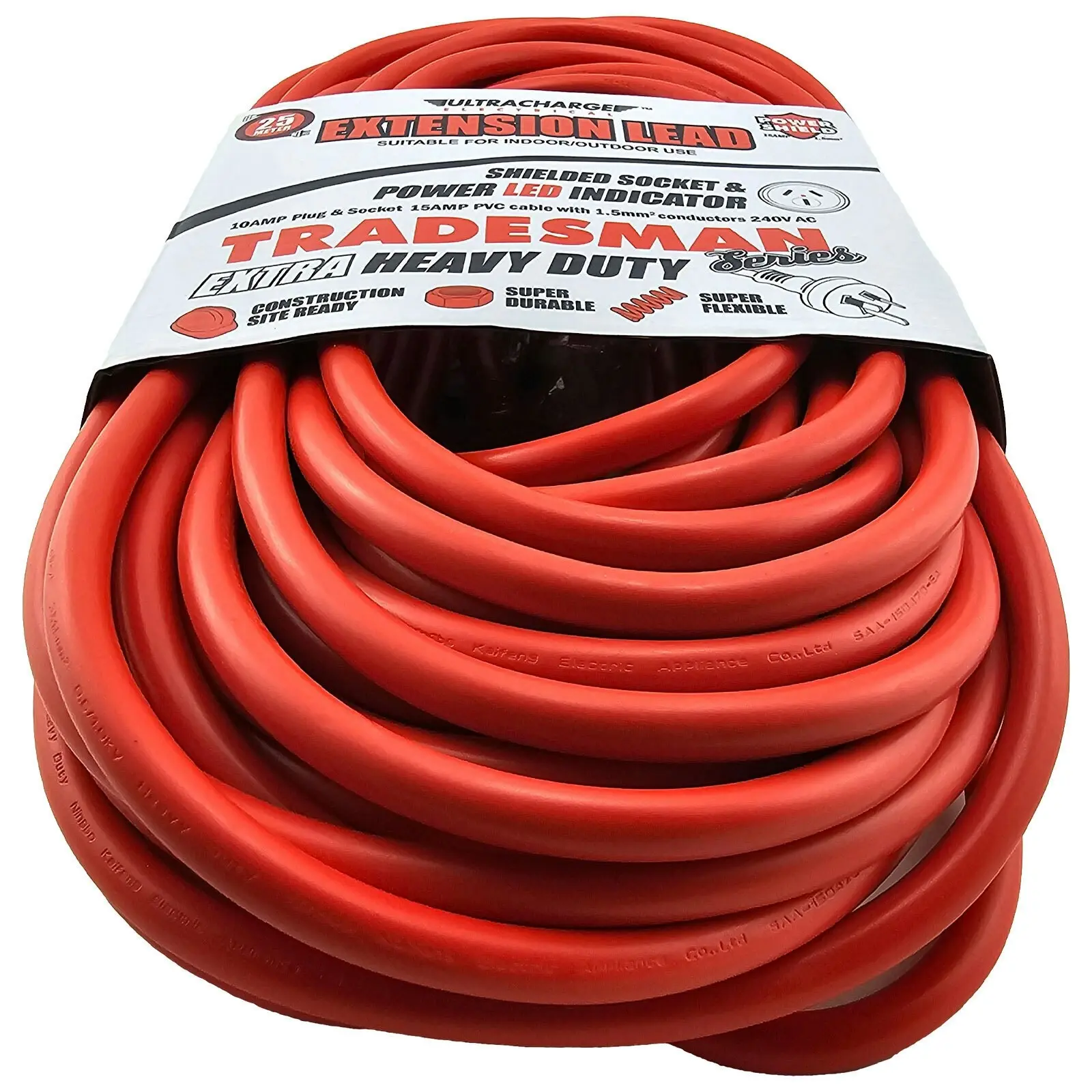 UltraCharge 25m Extension Lead Cable 10A Extra Heavy Duty Cord Plug/Socket Red