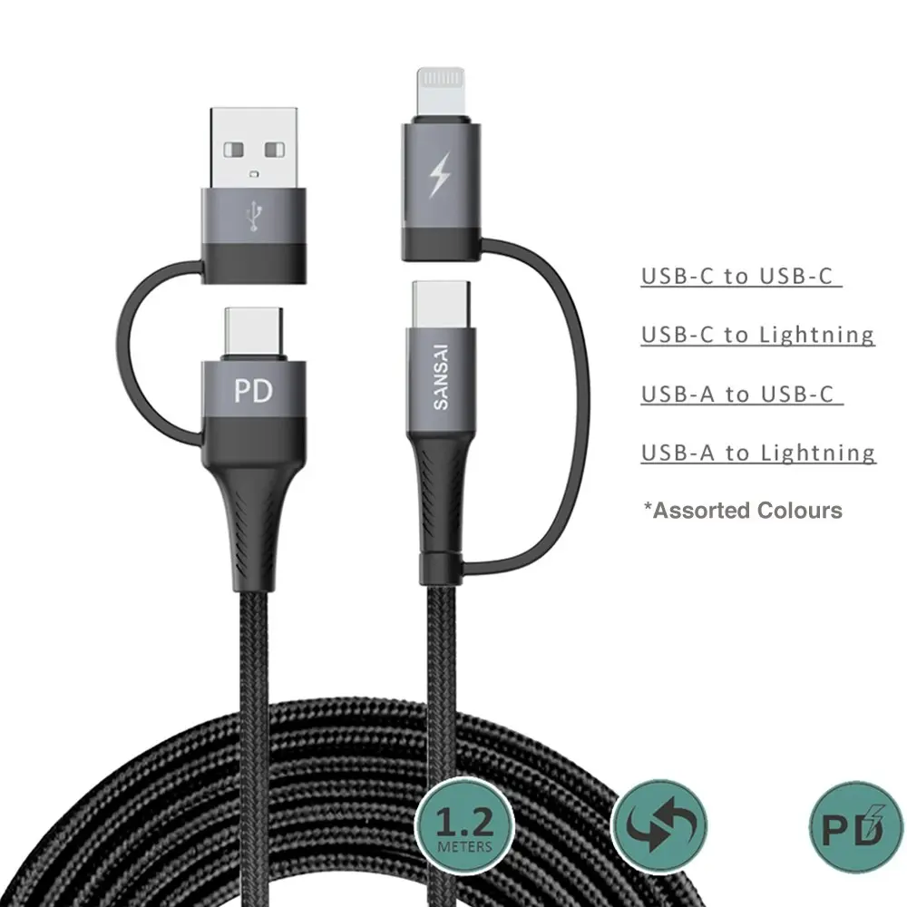 Sansai 4 In 1 Braid USB-A/USB-C/8 Pin PC/Phone Converter Data Cable Assorted