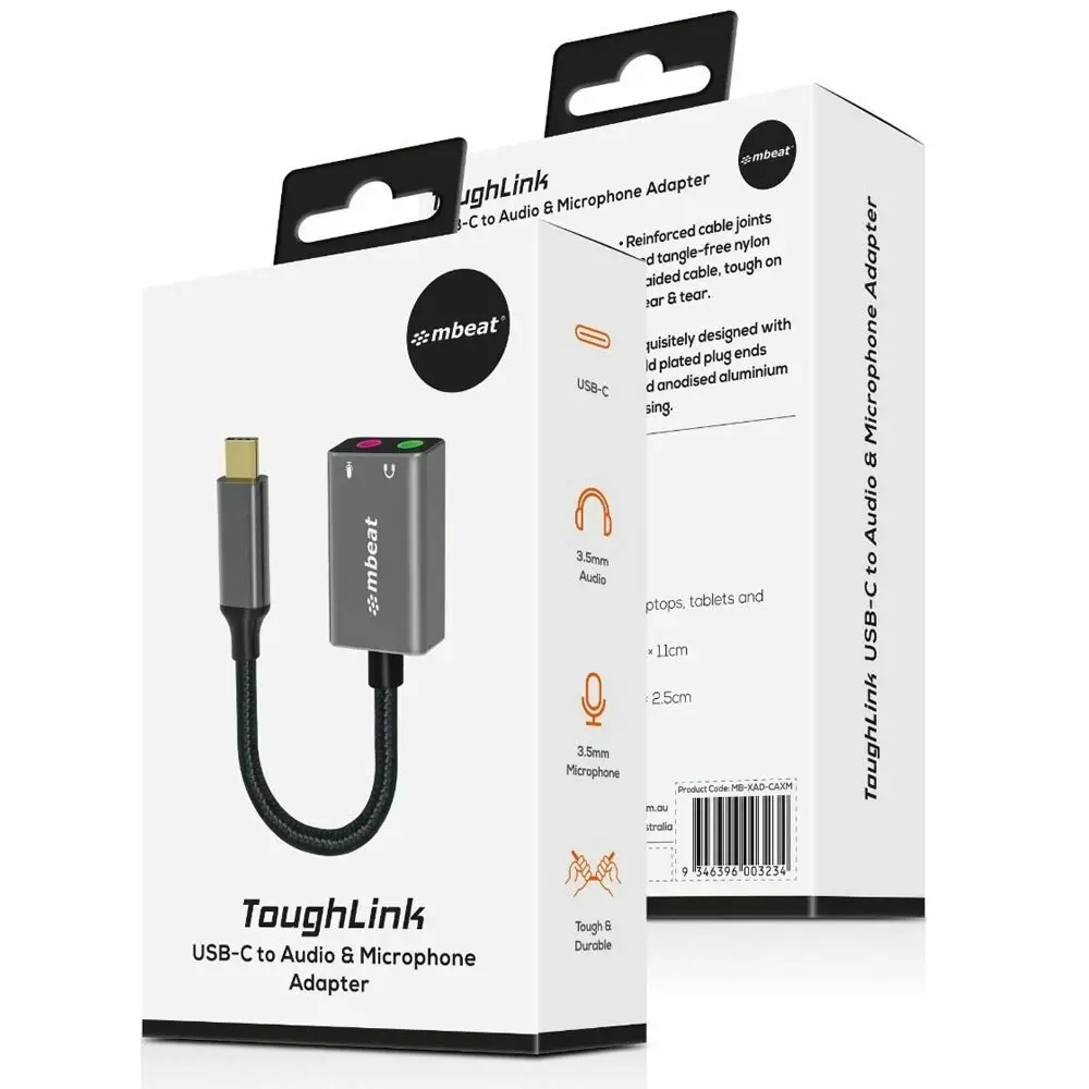 mBeat ToughLink 15cm USB-C Male To Audio & Microphone Female Adapter For MacBook