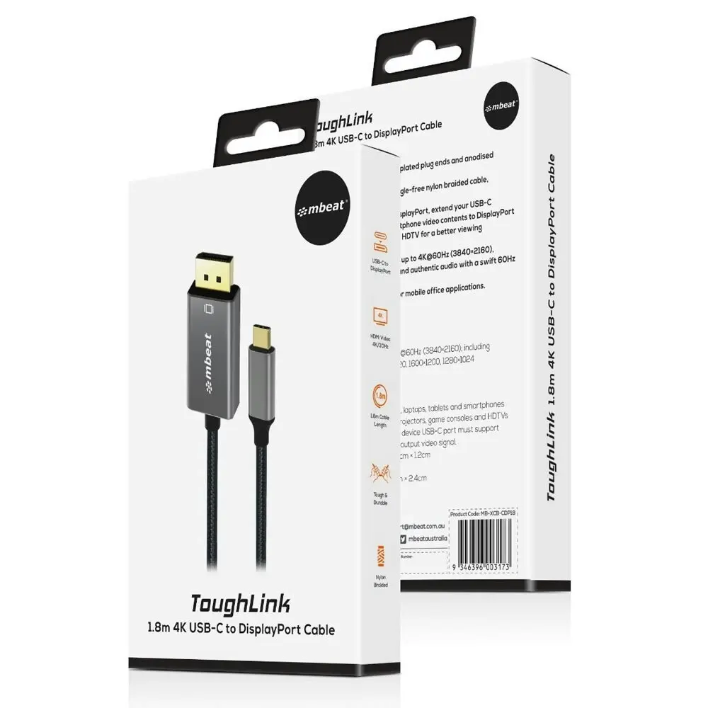 mBeat ToughLink 1.8m 4K USB-C Male To DisplayPort M Cable Adapter For Laptop/PC