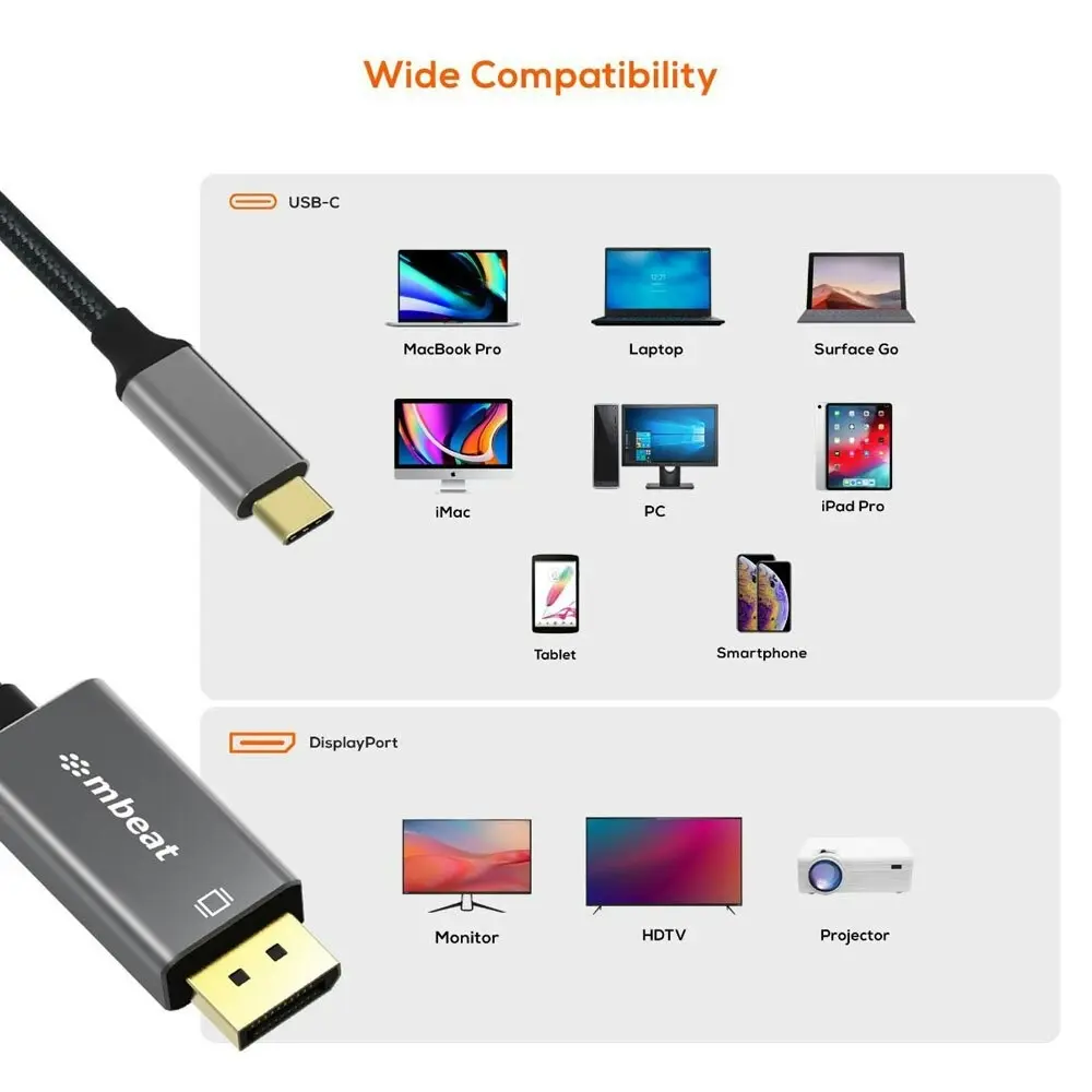 mBeat ToughLink 1.8m 4K USB-C Male To DisplayPort M Cable Adapter For Laptop/PC