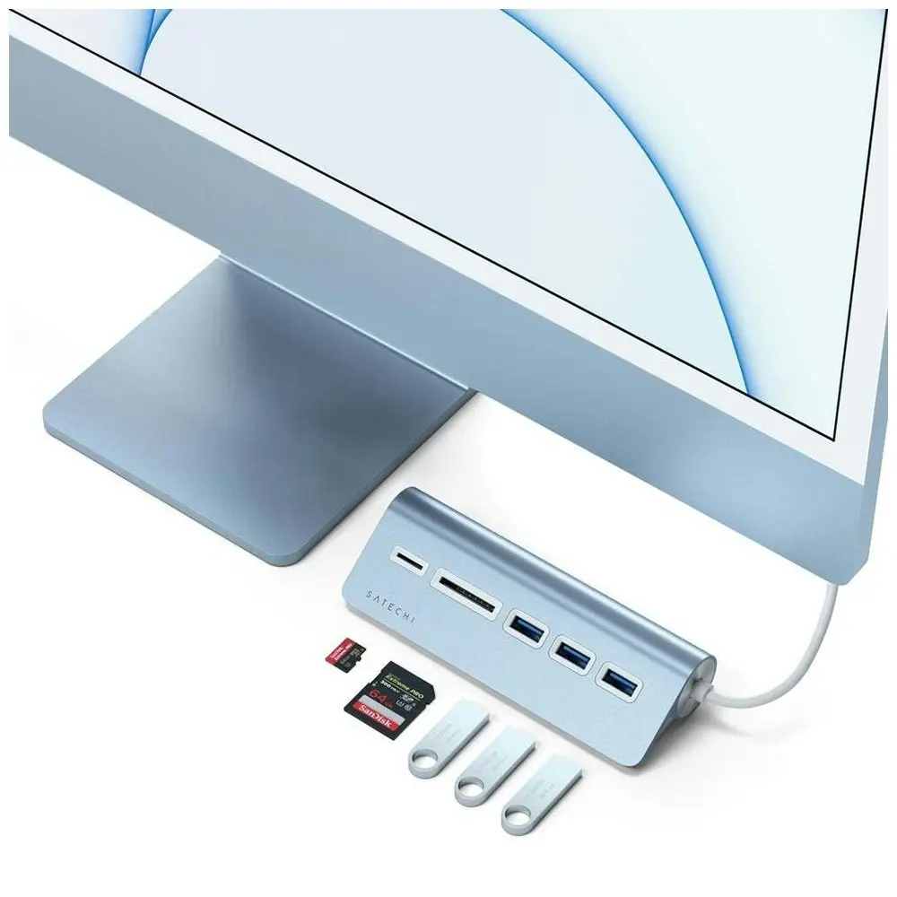 Satechi Blue Aluminium USB-C Male To Female USB 3.0 Hub/Card Reader Adapter Port