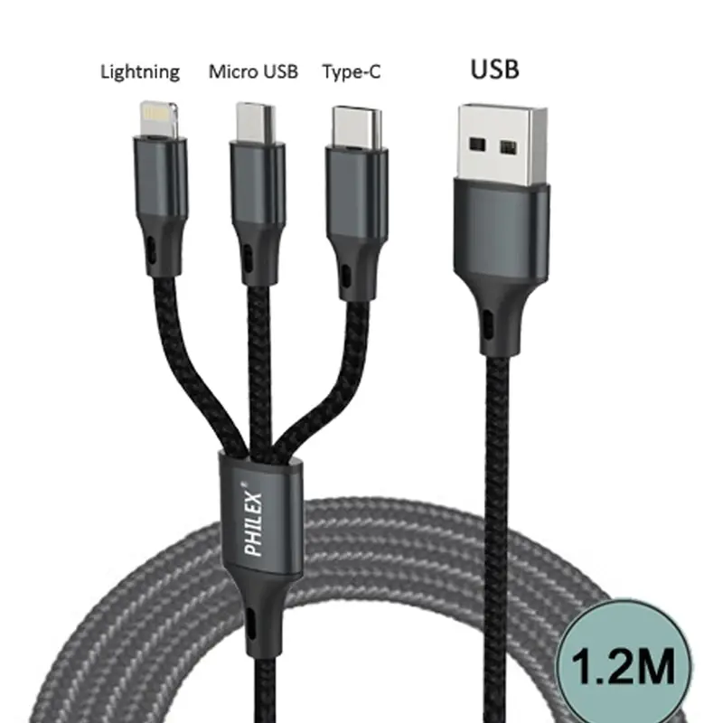 Philex 3 In 1 1.2m 8 Pin/Micro/USB C Charging Cable for iPhone/Samsung Black