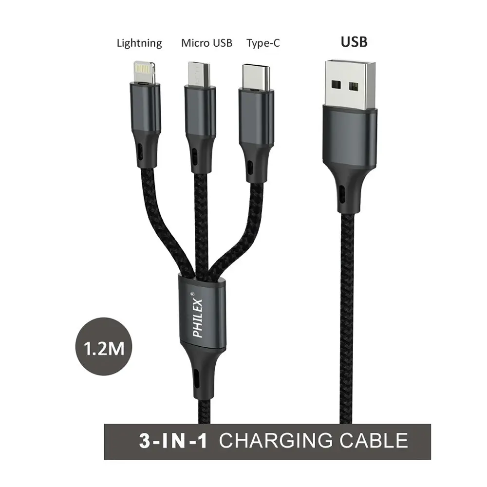 Philex 3 In 1 1.2m 8 Pin/Micro/USB C Charging Cable for iPhone/Samsung Black