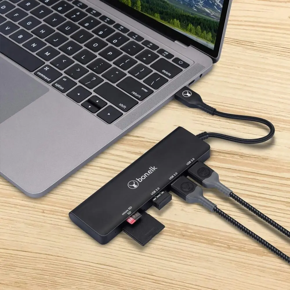 Bonelk USB 3.0 Long-Life 5-in-1 Multiport Hub Portable Splitter 5Gbps Black