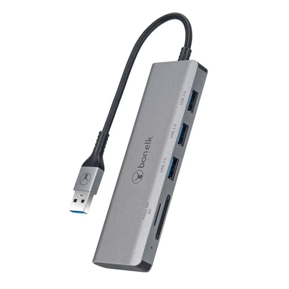 Bonelk USB 3.0 Long-Life 5-in-1 Multiport Hub Portable Splitter 5Gbps Black