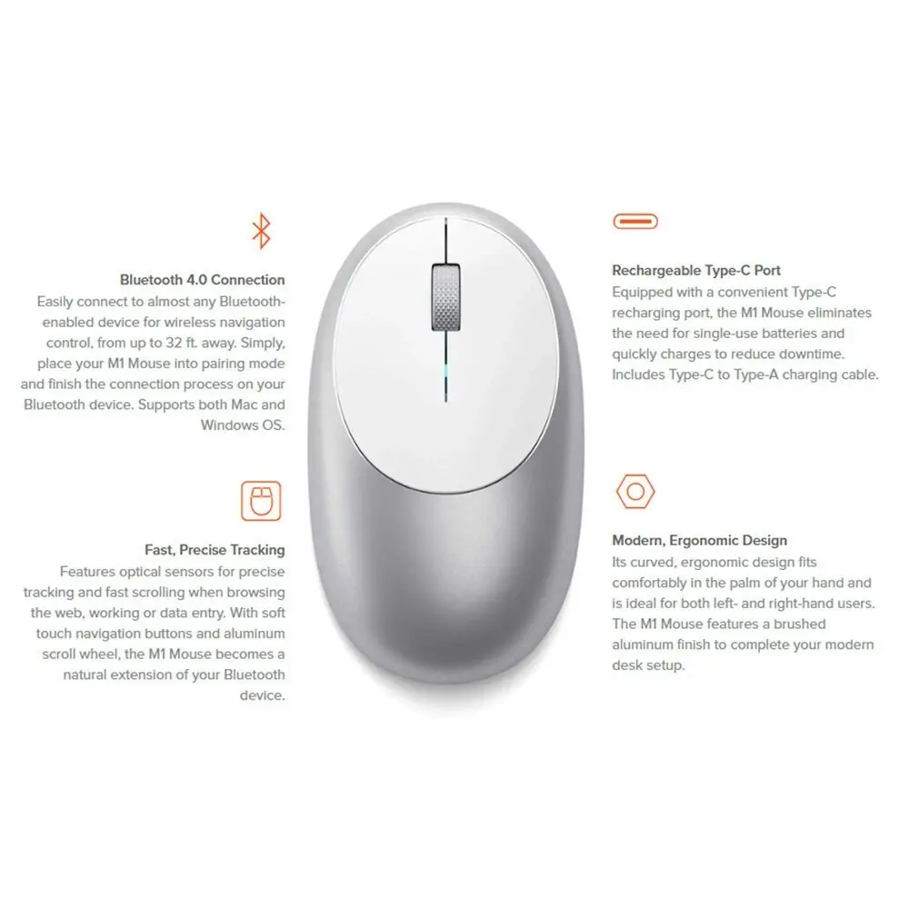 Satechi M1 Bluetooth Wireless Optical Rechargeable Mouse for PC/Laptop Silver