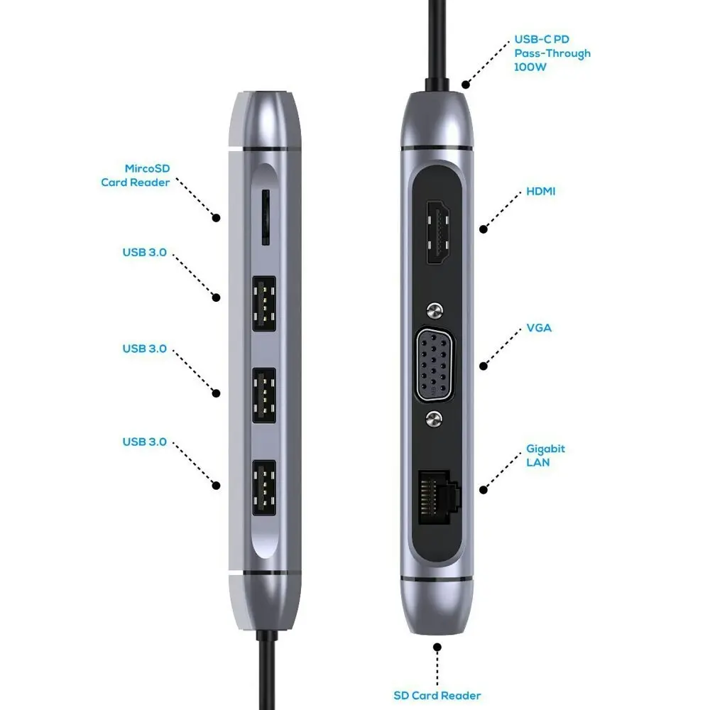 mBeat Elite X9 9-in-1 USB-C Hub Adapter/HDMI/VGA/Lan Ethernet/USB3.0 Port/Grey