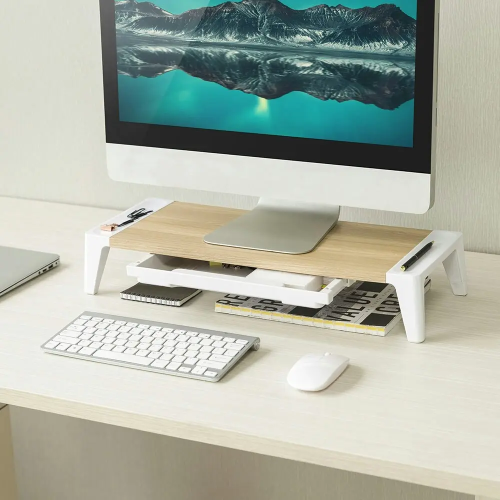 Activiva 55.4cm Single Ergonomic Monitor Stand Riser w/ Storage Drawer White Oak