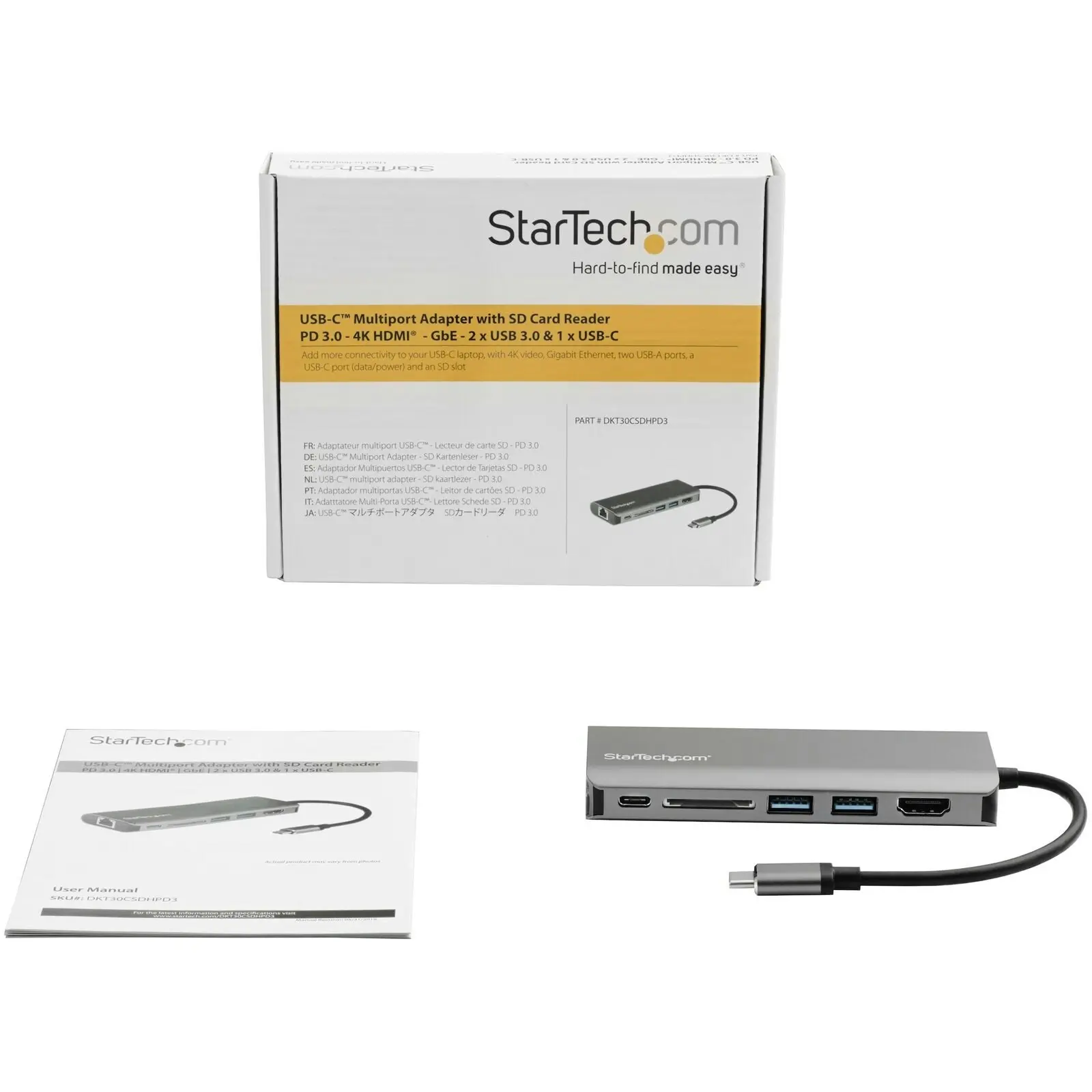 Star Tech USB-C Multiport Adapter to 4K HDMI/3x USB 3.0/SD 60W Dock for Laptop