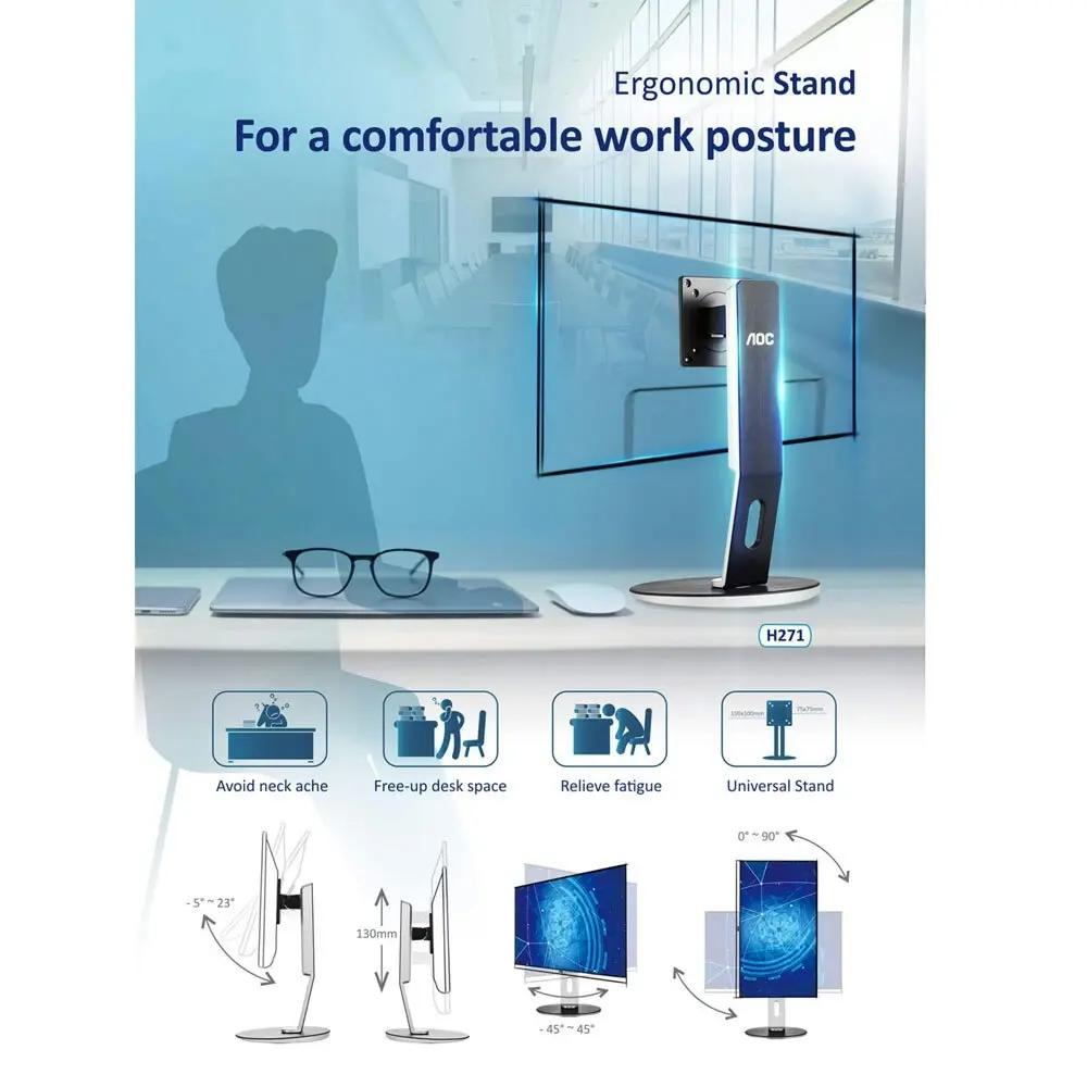 AOC H271 4-Way Height Adjustable Stand 25.5x42.8cm 3.8-4.8kg 90° Screen Rotation