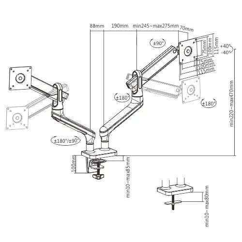 Brateck 107cm Dual 17'-32' Curved Monitor Flat Panel Aluminium Spring Arm White