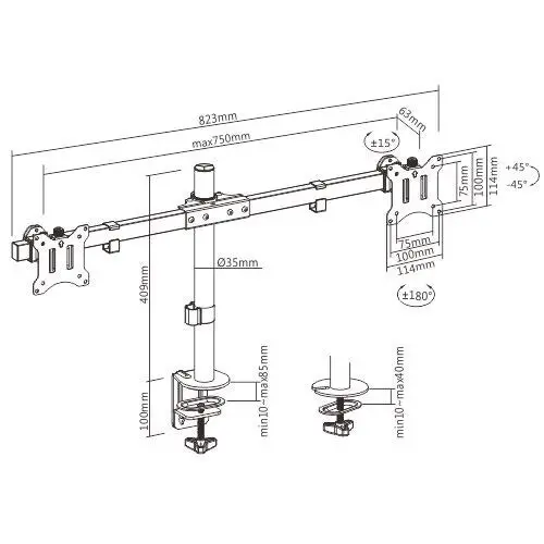 Brateck 86cm Dual-Screen 17'-32' Monitors Table Desk Mount Desktop Pole Black