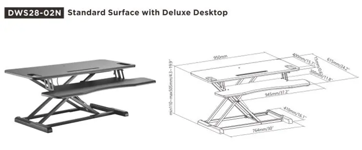 Brateck Stand Desk Gas Spring Sit Converter w/ Keyboard Deck MDF Board Surface