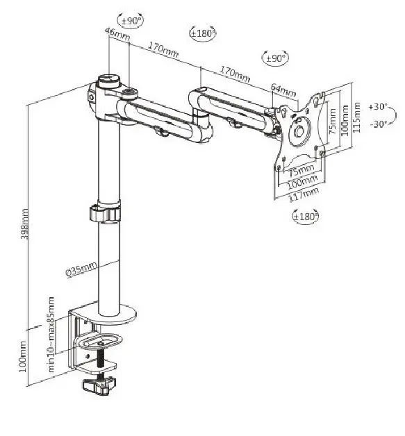 Brateck 51cm Single 17"-32" Monitor Swiveling Arm Articulating Aluminum Black