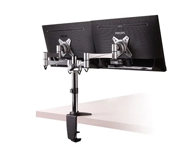 Brateck Dual 13"-27" Monitor Mount Elegant Aluminium w/ Arm/Desk Clamp Silver