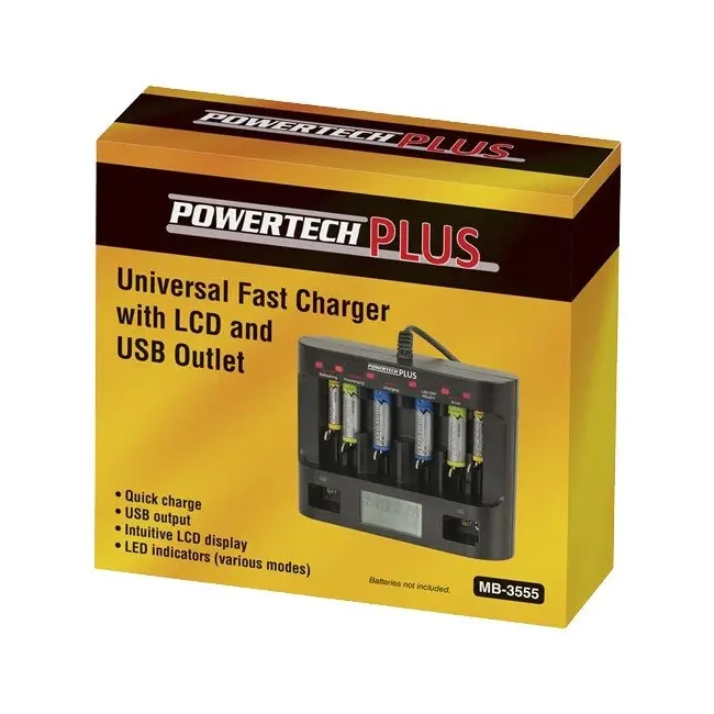 Powertech Universal Fast Charger w/LCD Display/USB Outlet for Rechargeable Cells