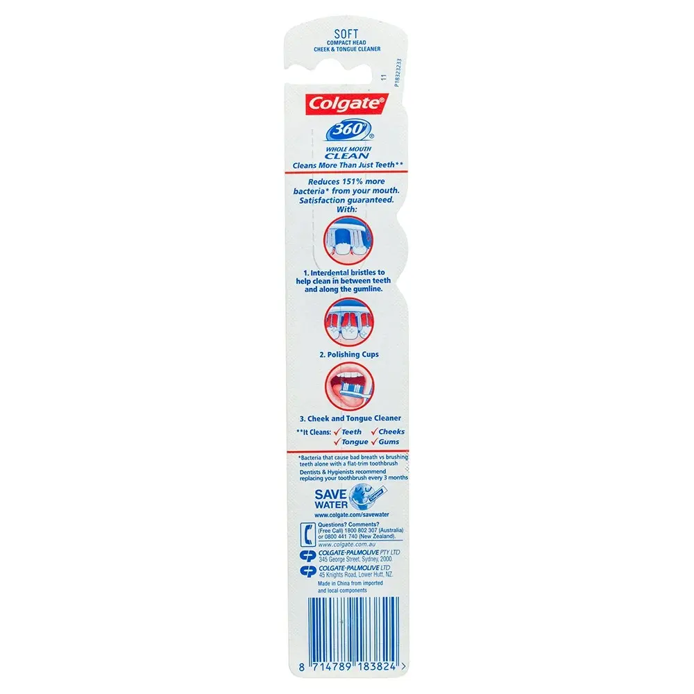 Colgate 360° Clean Soft Bristles Toothbrush w/Cheek/Tongue Cleaner Assorted