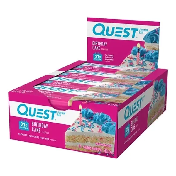 12pc Quest 60g High Protein Chewy Bar Healthy Snack Gym/Diet Treat Birthday Cake