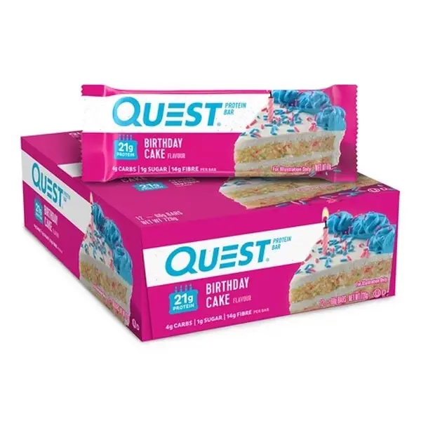 12pc Quest 60g High Protein Chewy Bar Healthy Snack Gym/Diet Treat Birthday Cake