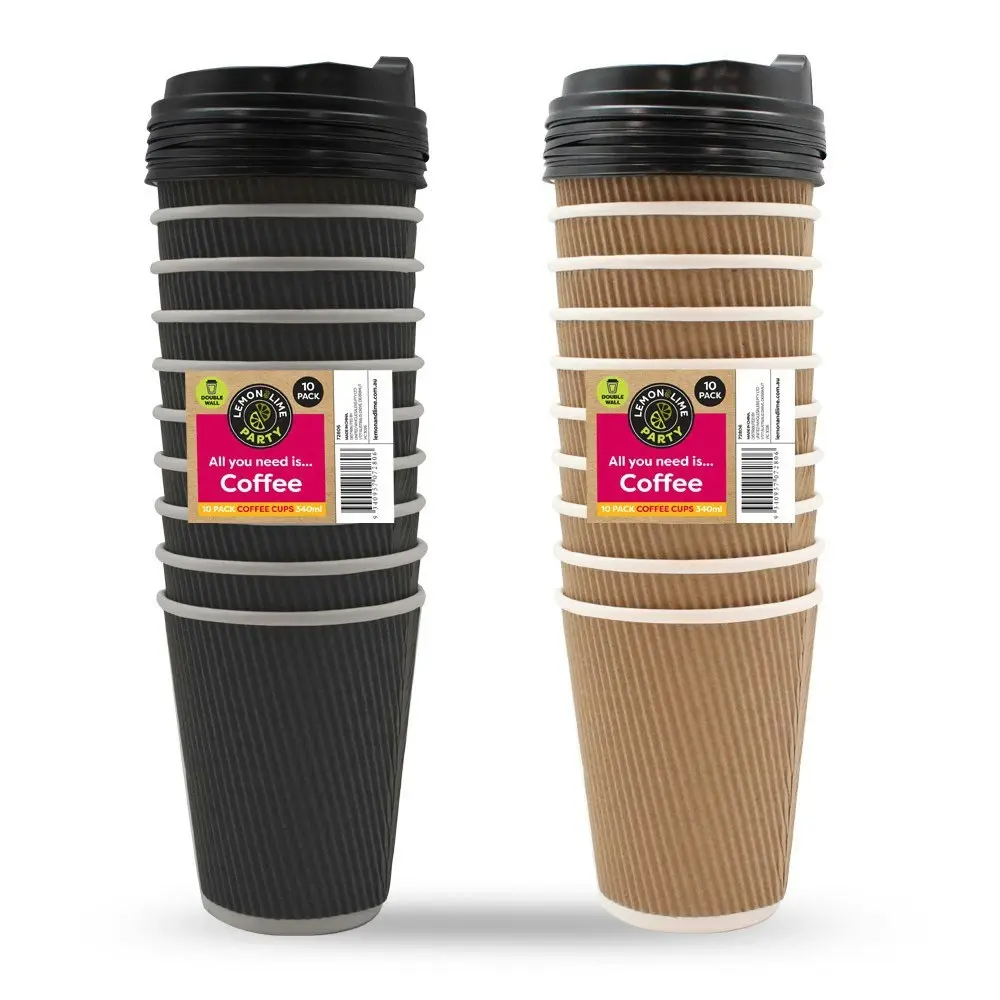 10PK Lemon & Lime 340ml Double Wall Disposable Coffee Cups BPA free Asst Colour