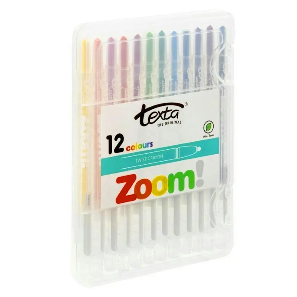 12pc Texta The Original Zoom Kids Non Toxic Twist Colouring Crayons Hard Case