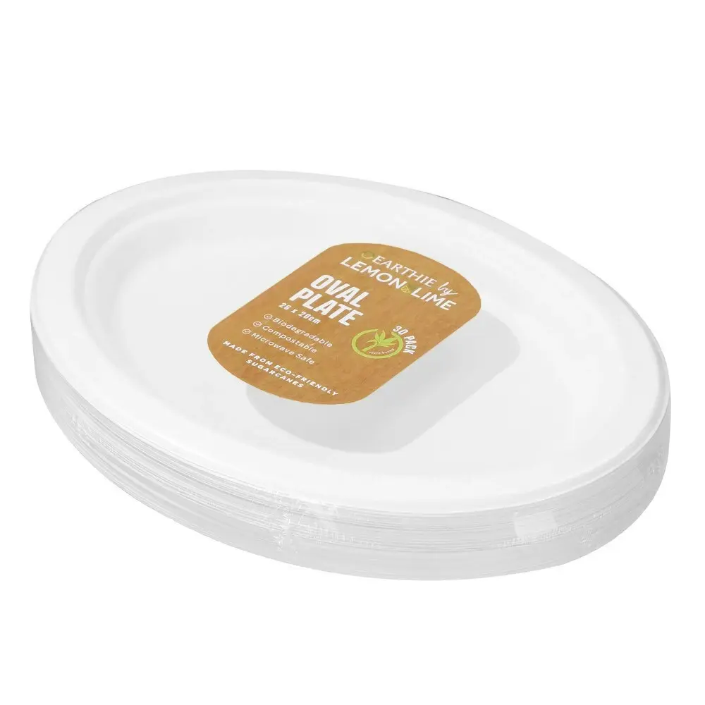 90pc Lemon & Lime Eco/Biodegradable/Compostable Disposable 26cm Oval Plate White