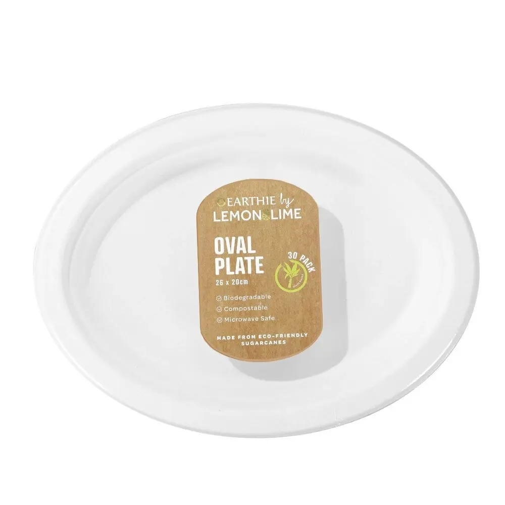 90pc Lemon & Lime Eco/Biodegradable/Compostable Disposable 26cm Oval Plate White