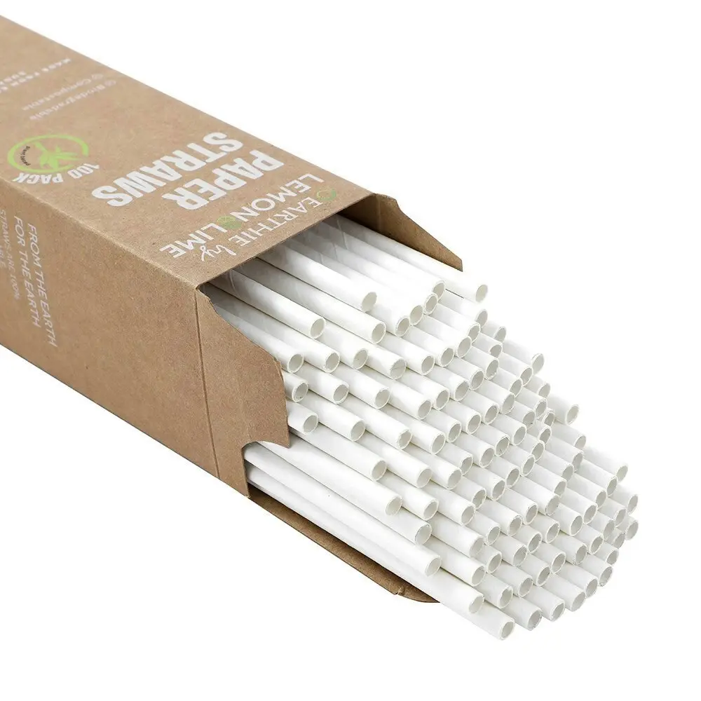 600x Lemon & Lime 20cm Paper Straws White Drinks/Drinking/Party Eco Friendly