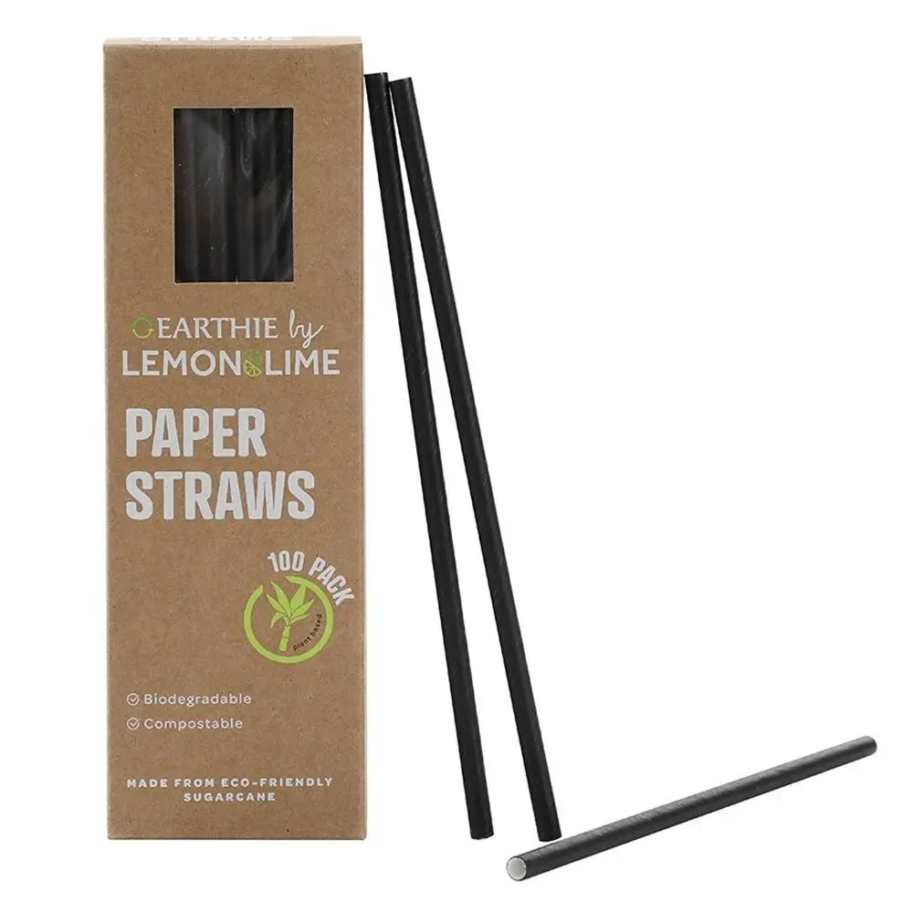 600x Lemon & Lime 20cm Paper Straws Black Drinks/Drinking/Party Eco Friendly