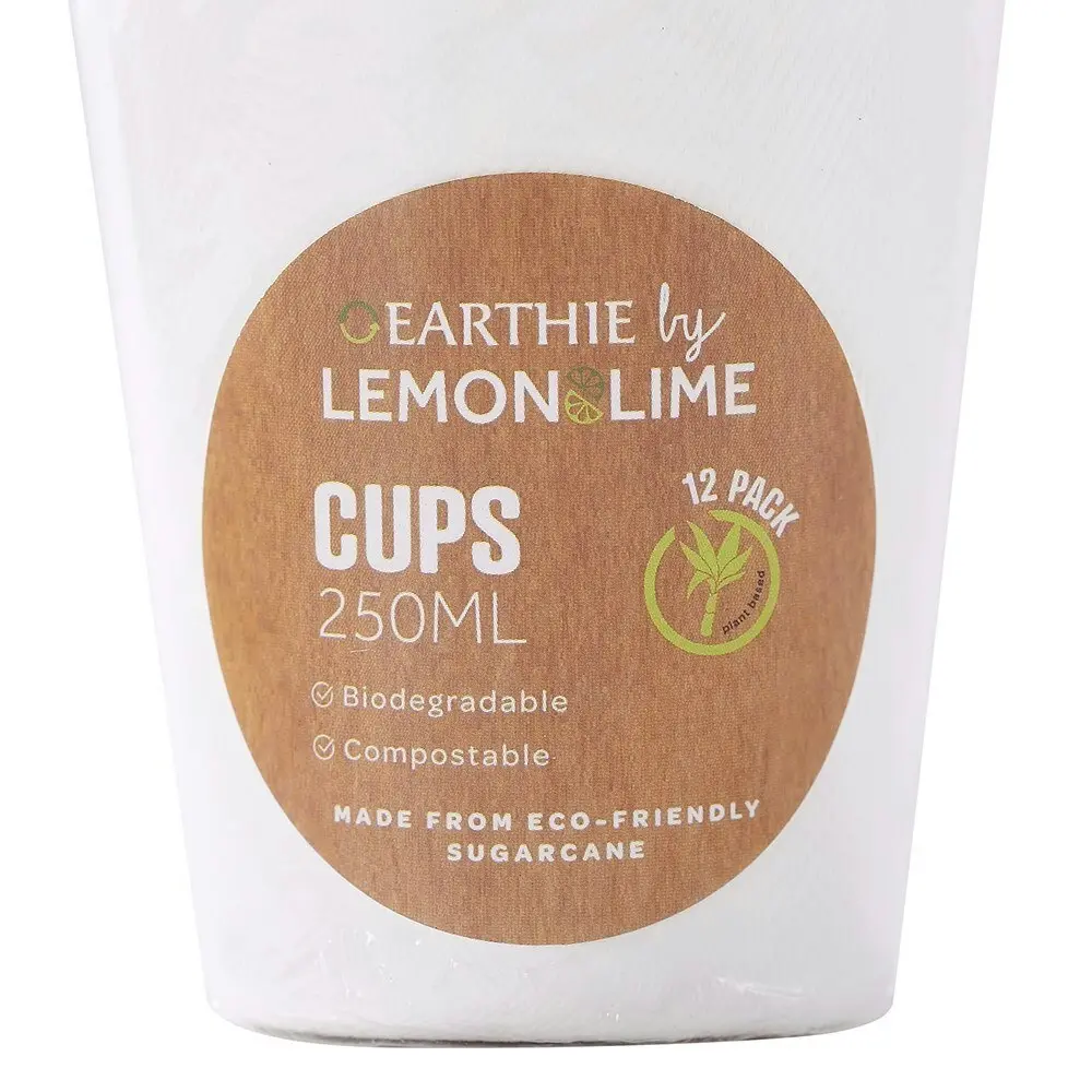 72x Lemon & Lime Earthie Sugarcane Cups 250ml WHT Disposable/Compostable Drink