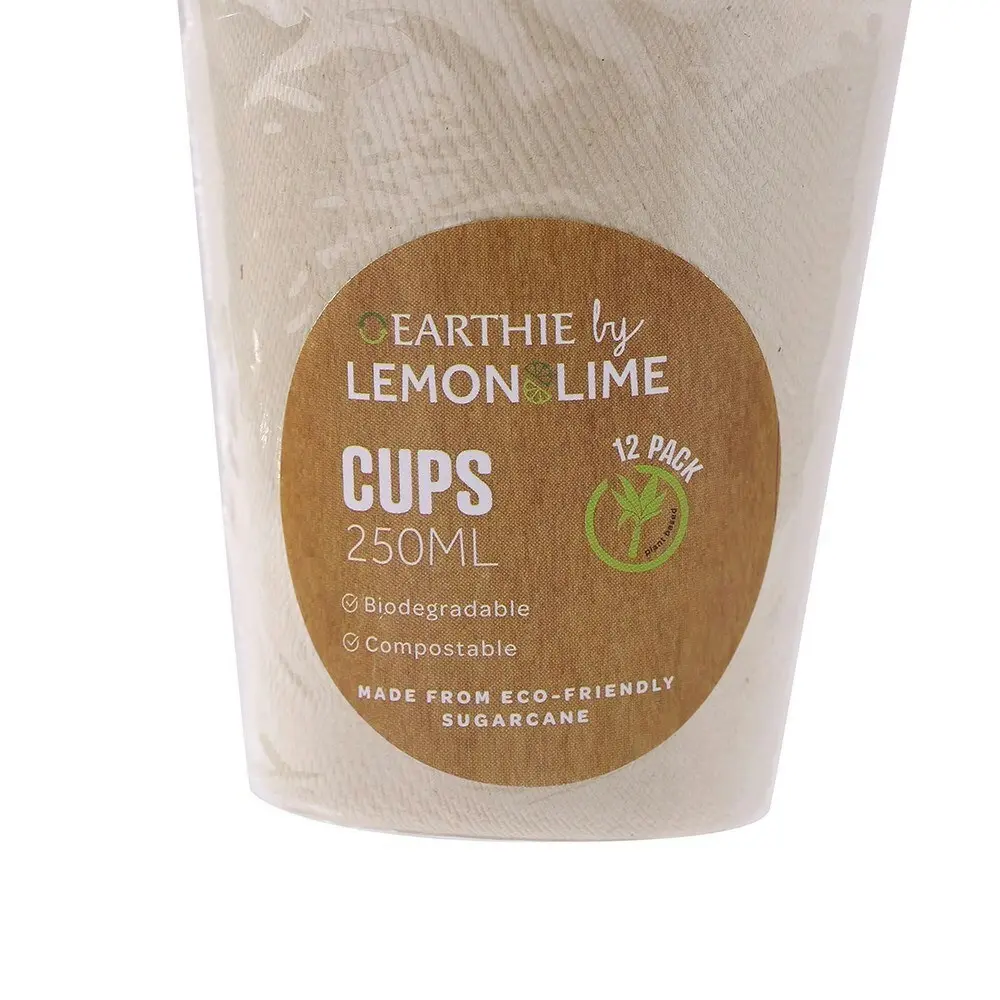 72x Lemon & Lime Earthie Sugarcane Cups 250ml NAT Disposable/Compostable Drink