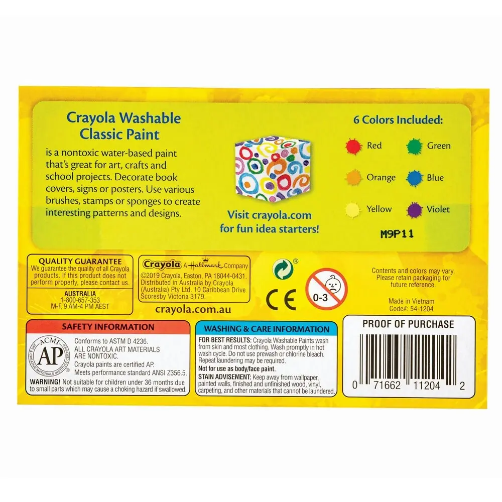 6pc Crayola Washable Non Toxic Paint Water Based Colour Set Kids/Children 3y+