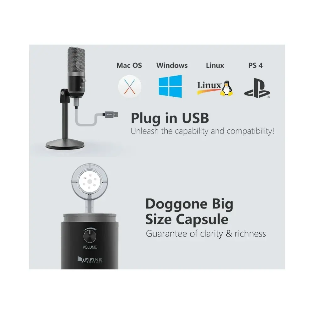 Fifine Technology USB Condenser Broadcast/Podcast Microphone w/Desk Stand Silver