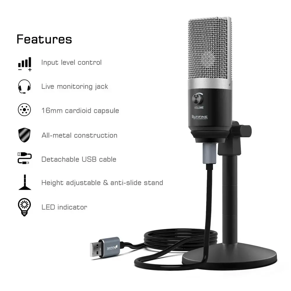 Fifine Technology USB Condenser Broadcast/Podcast Microphone w/Desk Stand Silver