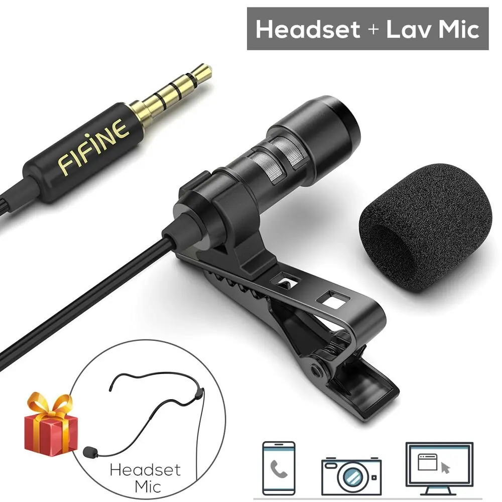 Fifine C1 Lavalier 3.5mm Microphone w/ Extension Cable for Smartphone/Camera/PC