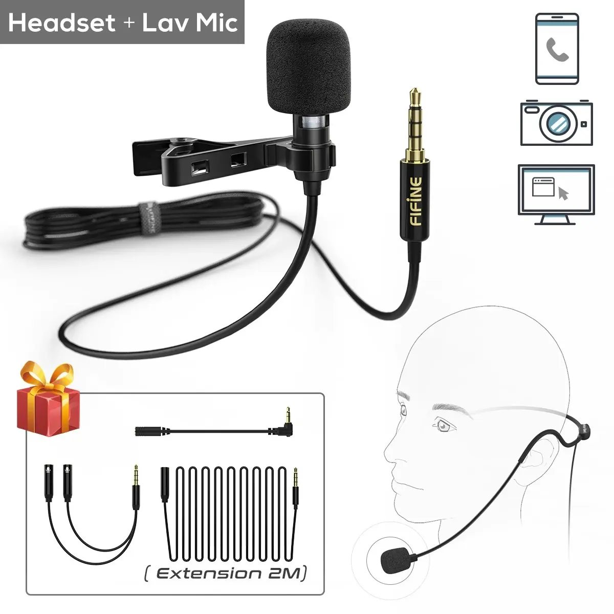 Fifine C1 Lavalier 3.5mm Microphone w/ Extension Cable for Smartphone/Camera/PC