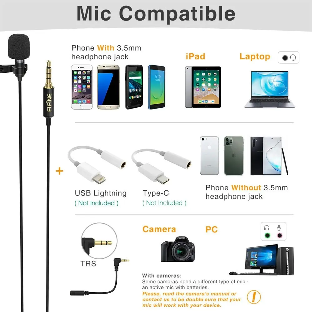 Fifine C1 Lavalier 3.5mm Microphone w/ Extension Cable for Smartphone/Camera/PC