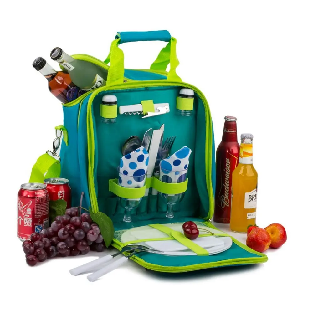 Mak1 2 Person Picnic Shoulder Bag Set/Wine Glasses/Knives/Forks/Spoons Green