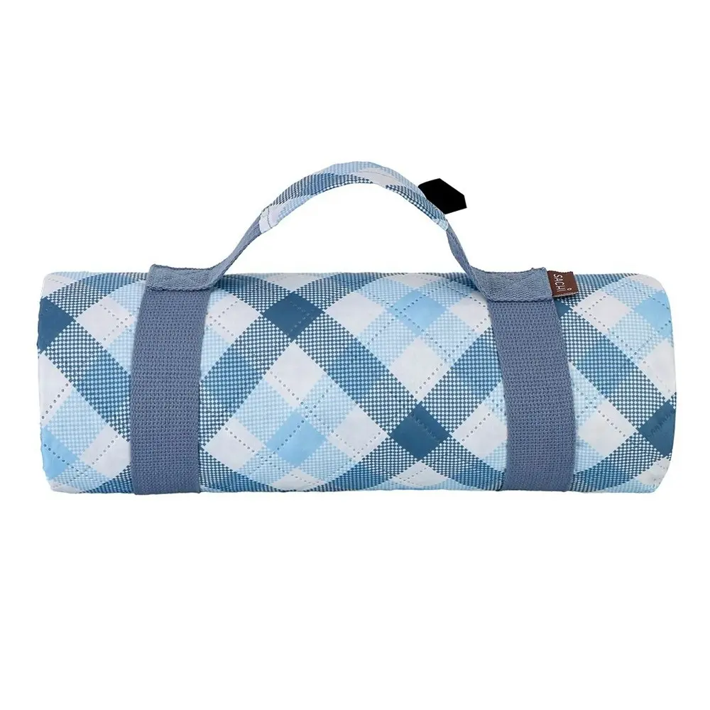 Sachi Reusable Picnic Rug 175x142cm Outdoor Mat w/Carry Handle Gingham Blue/Grey