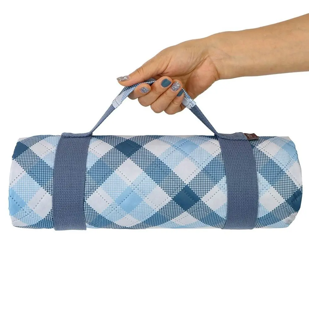 Sachi Reusable Picnic Rug 175x142cm Outdoor Mat w/Carry Handle Gingham Blue/Grey