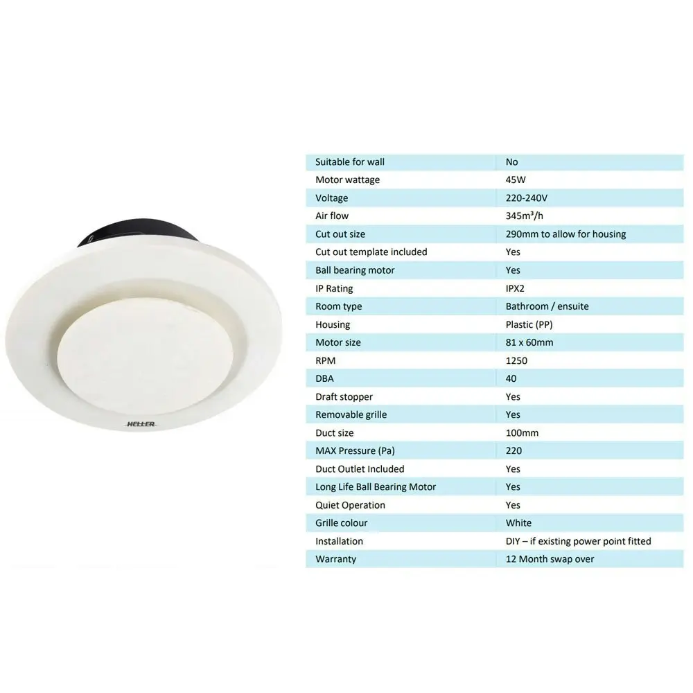 Heller 25cm Ventilating Ducted Round Ceiling Bathroom Air Flow Exhaust Fan White