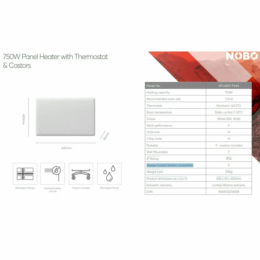 Nobo 750W Slimline Panel IP24 Portable Indoor Heater w/ Castors/Thermostat White