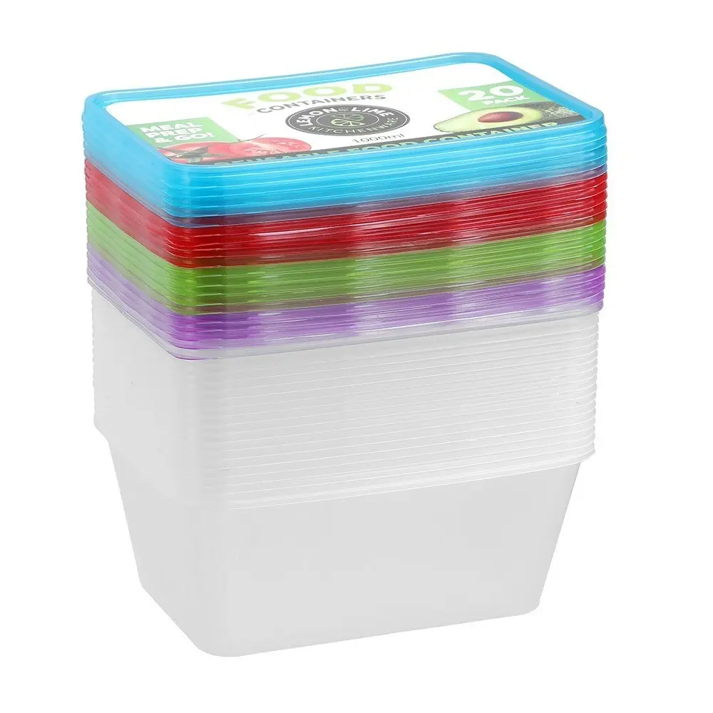 3x 20PK Lemon & Lime Rectangle 1L Reusable Food/Meal Container w/ Coloured Lids