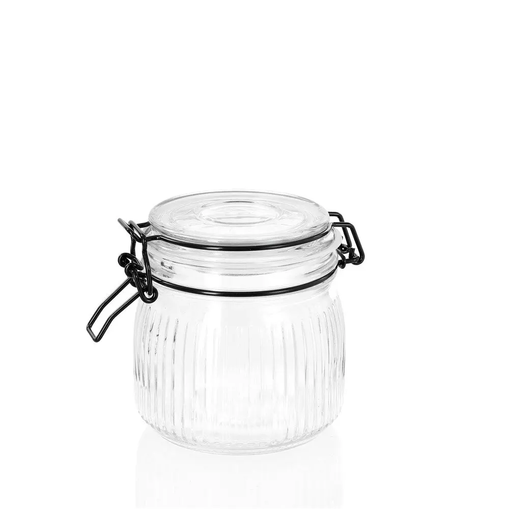 3x Lemon & Lime Fido Stripe 600ml/11cm Glass Clip Jar Canister Container Clear