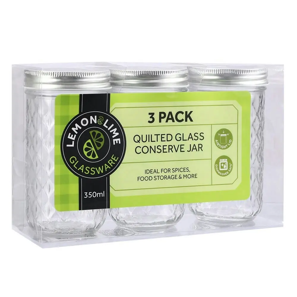 6PK Lemon & Lime 350ml Quilted Glass Conserve Canister Jar Food Storage Clear