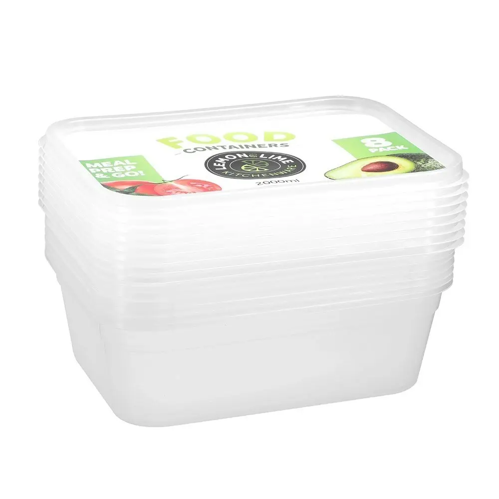 2x 8PK Lemon & Lime Reusable 2L Rectangle Food Container/Storage w/ Lid Clear